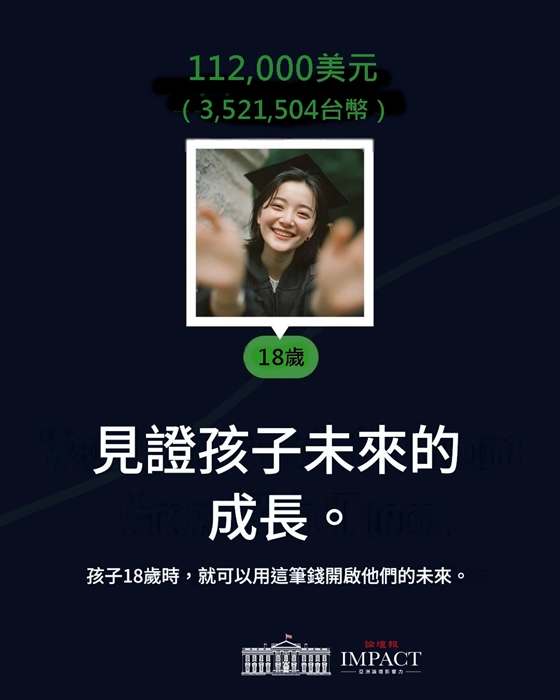 到18歲時,存款約可增值至台幣352萬餘元。(翻攝自FB@The White House,Google翻譯)